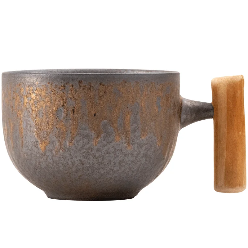 

Japanese Vintage Ceramic Coffee Mug Tumbler Rust Glaze Tea Milk Beer Mug with Wood Handle Water Cup Home Office Drinkware 600ml
