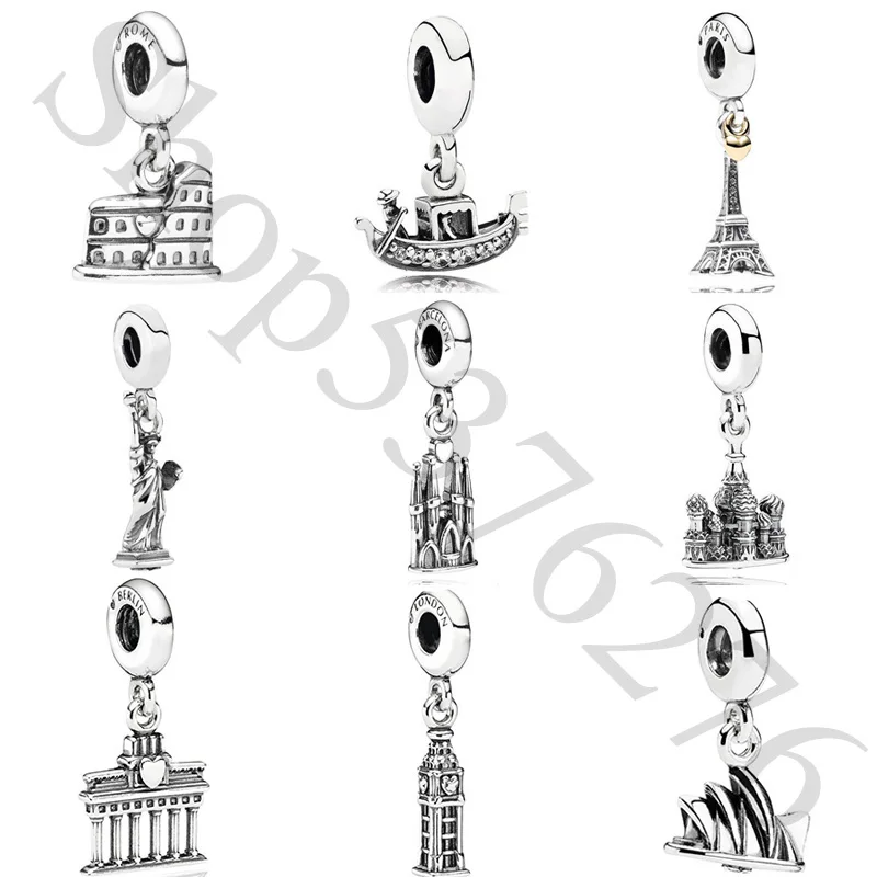 925 Серебряный бусинный подвеска Венецианская гондола Замок Барселоны Подходит для модных женских браслетов Pandora Bangle DIY Jewelry.