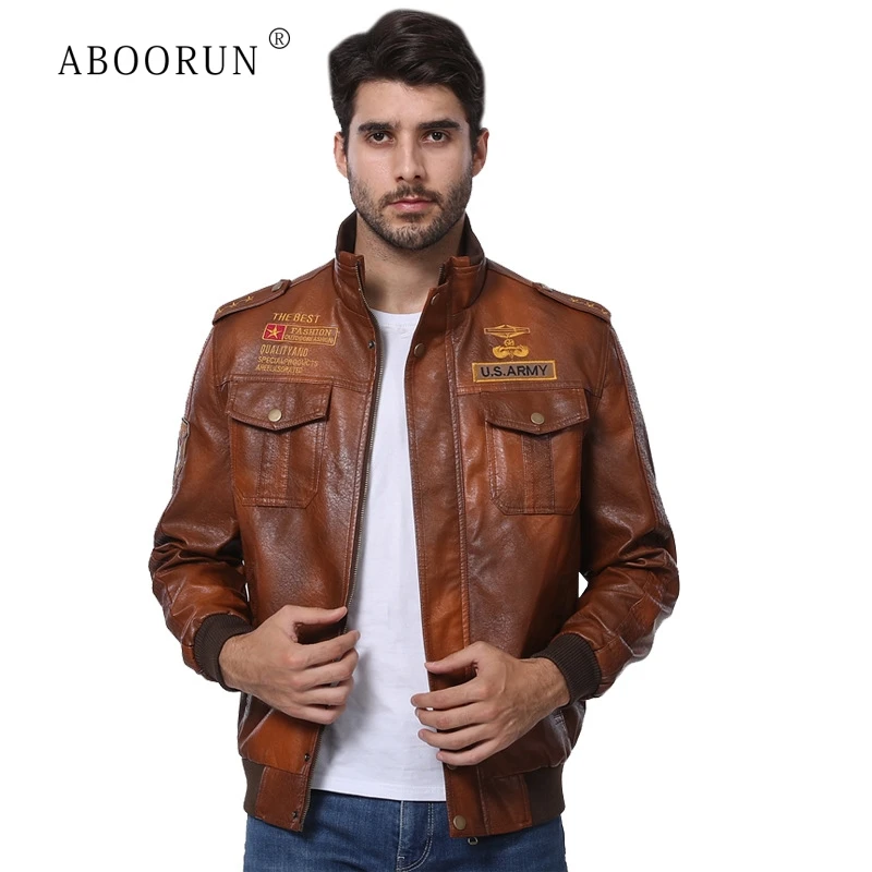 Мужские кожаные куртки в стиле милитари ABOORUN Куртки из искусственной кожи с