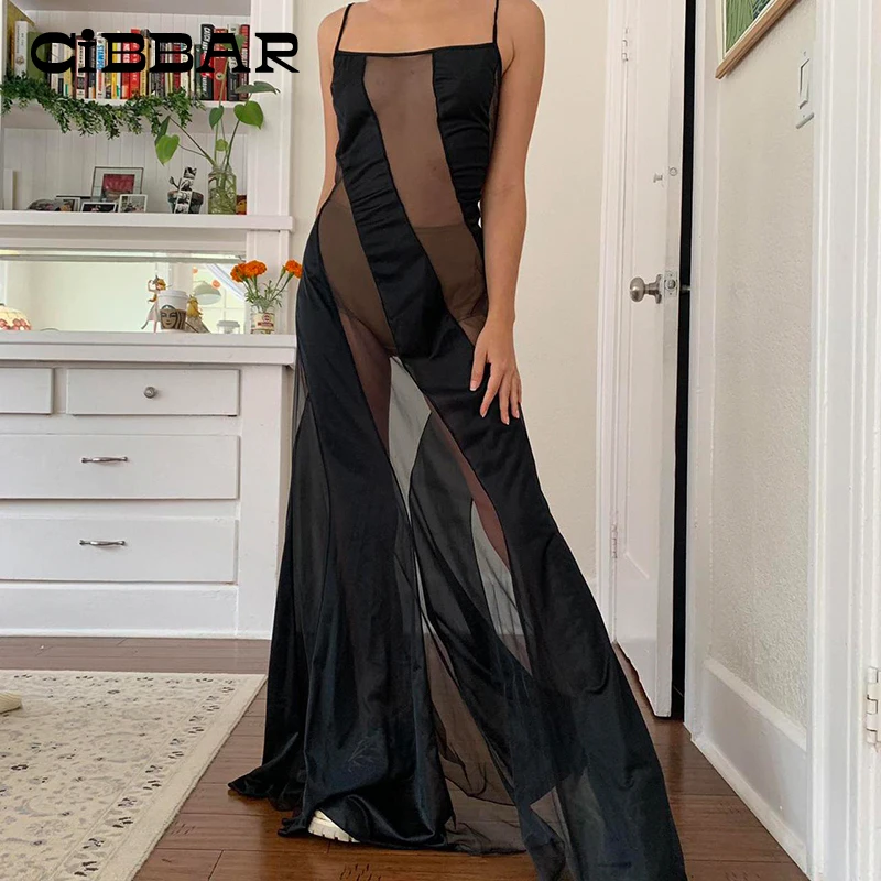 

CIBBAR Hipster Mesh Stitching Sexy See Through Maxi Dress Women Midnight Style Party Clubwear Sleeveless Chic Camisole Dresses