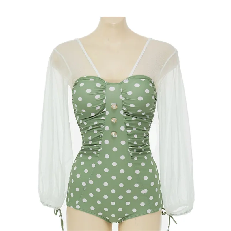 

In The Wind New Korean Women One Pieces Swimwear Open Back Transparent Long Sleeves Tummy Control Swimsuit Retro Dot Swimsuit