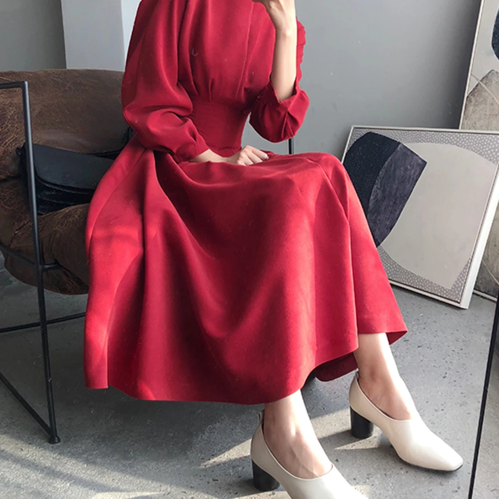 Осеннее элегантное платье в Корейском стиле с воротником стойкой винтажном