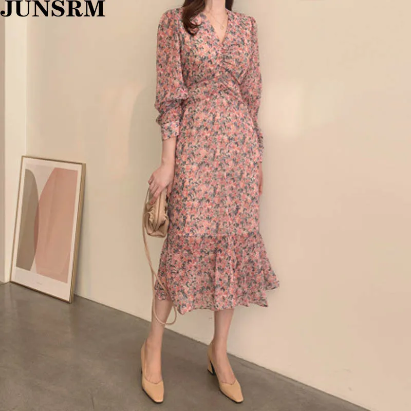 

Women Chiffon Dress 2020 Summer New Floral Print V-Neck Ruffle Dress Full Sleeve Elastic Waist Elegant Dress Midi Vestidos