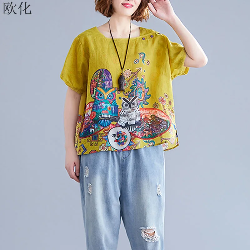 

Женская футболка с рисунком родственной совы, лето 2020, Модная хлопковая льняная футболка с коротким рукавом, Женская винтажная свободная фу...