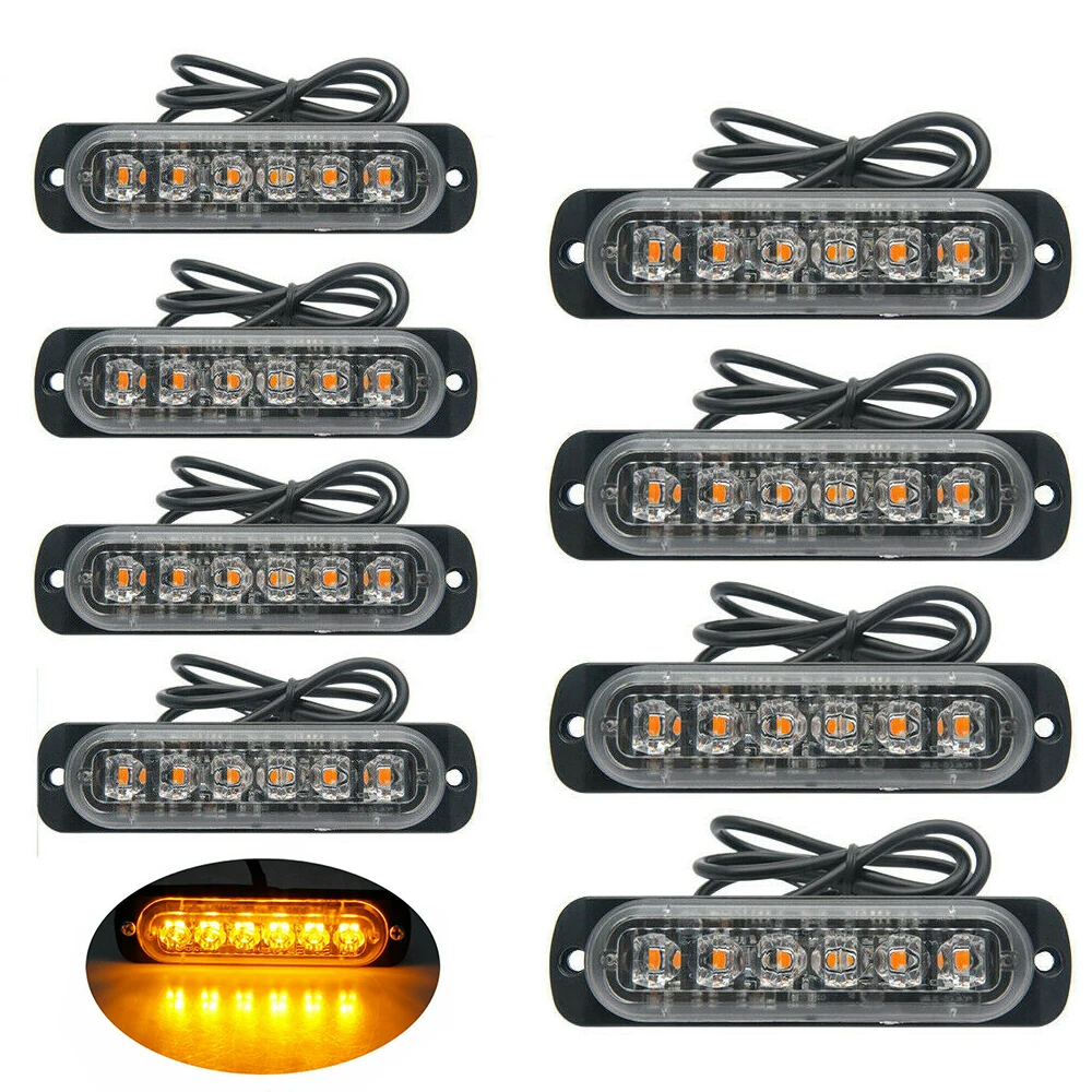 

8pcs 6 LED 12V/24V Amber Recovery Strobe Lights Trucks Lorry Tractors Breakdown Flashing Light IP65 Waterproof Srobe Light