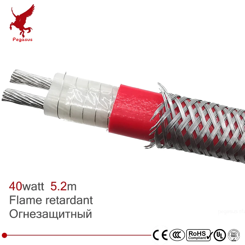 

40w 9mm 5.2m Long service life Flame retardant water pipe road roof Silicone rubber PTFE Insulation thaw heating cable heat band