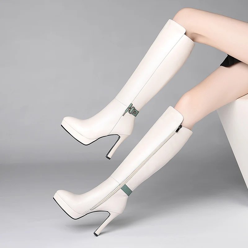Модные сапоги до колена женские зимние высокие на очень высоком тонком каблуке