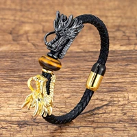 unique dragon shape ethnic bracelet black genuine leather rope chain mens luxury jewelry natural tiger eye stone bracelets gift