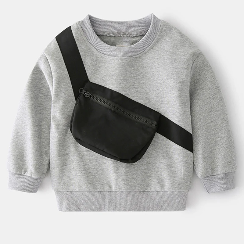 

Новинка, модная детская одежда, свитер с длинным рукавом, Детская имитация двух предметов с сумкой на молнии, футболка, повседневный топ для ...