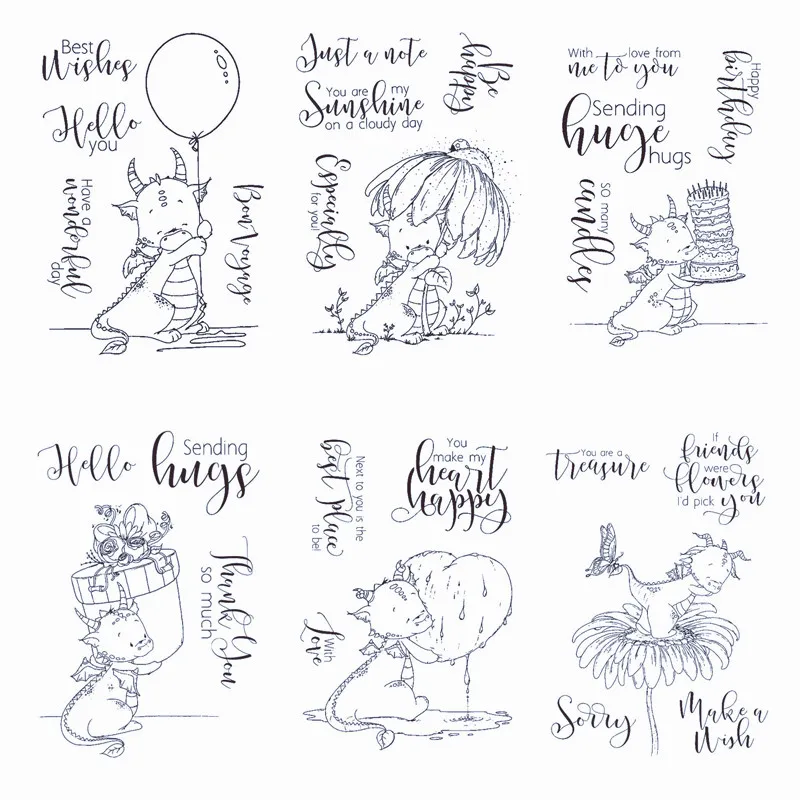

4*6 inch Cute Dragon Stamp Set From Me to You Cake Flowers Balloon Present Clear Stamp for DIY Scrapbooking Cards Crafts 2021