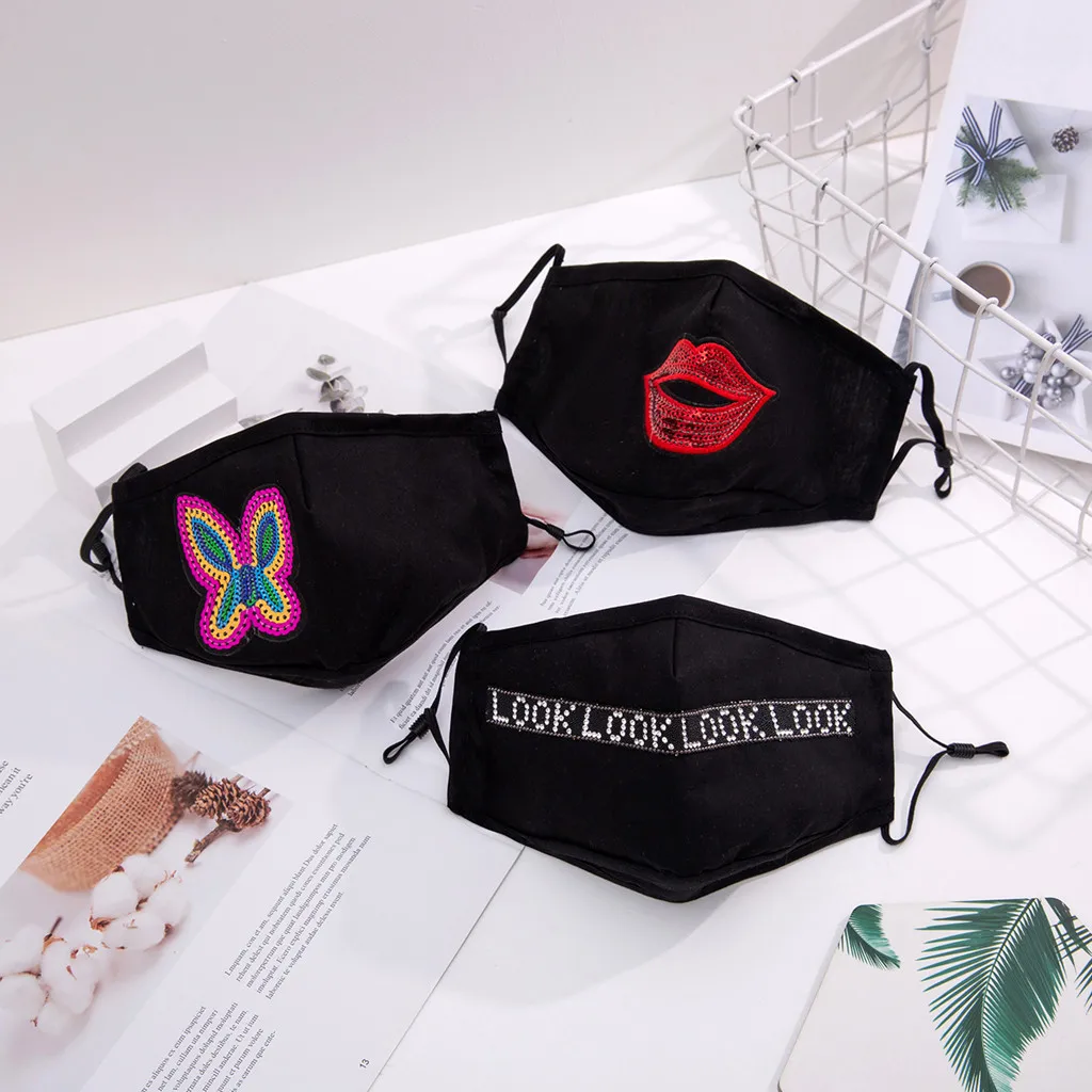 

Adult Letter Flash Sequin Adjustable Washable Dust-proof Face Mask Cotton Face Protection Windproof Reusable Face Mouth Cover