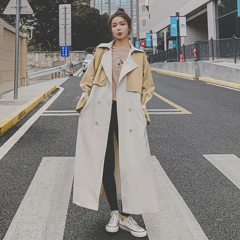 Тренчкот женский двубортный длинное пальто в стиле пэчворк весна-осень бежевая