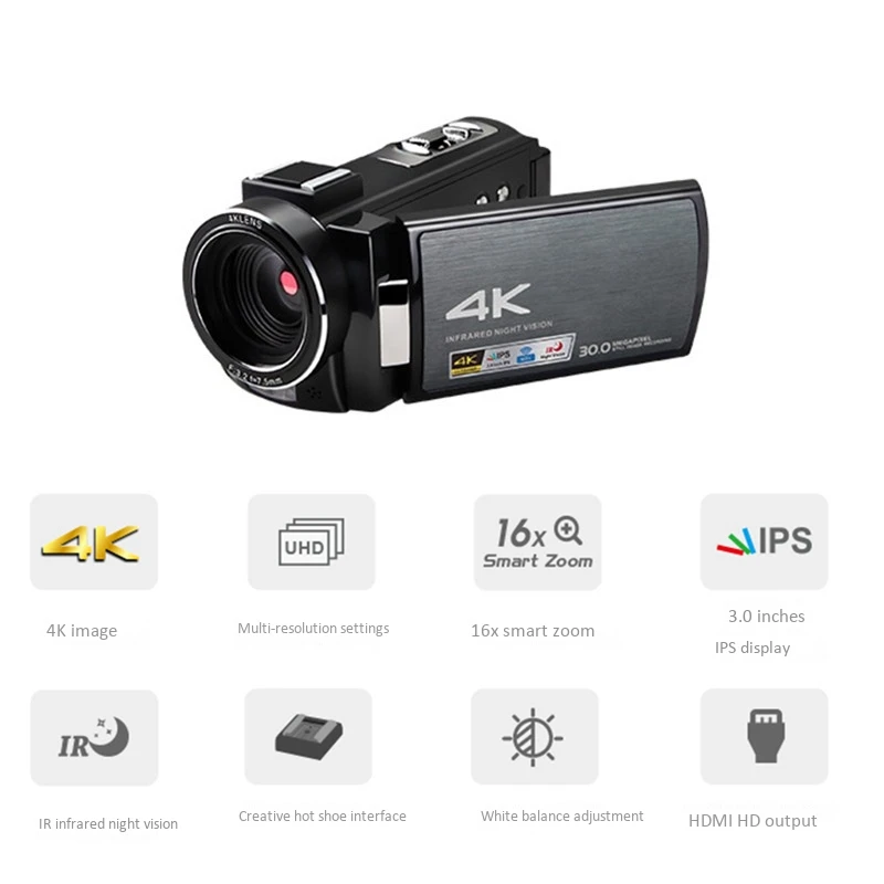 

ORDRO 4K HD Video Camera AE8 IPS Press Screen Electronic Image Stabilization Infrared Night Vision 3.0 inch HD Digital Camera