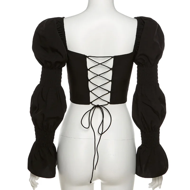 

Square Neck Puffy Long Sleeve Crop Top Blouse Fall 2021 Sexy Trendy Shirts for Women Vintage Ladies Tee Shirts