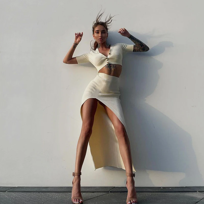 

Two-piece Set Summer Sexy V-neck Solid Short Sleeve Top High Split Hip Wrap Long Skirt Women Casual Suits