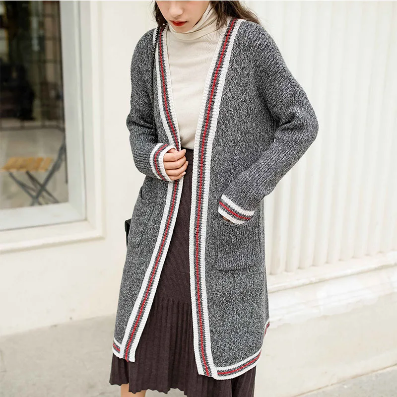 Зимний женский длинный вязаный свитер в клетку куртка Осенний кардиганы Женский