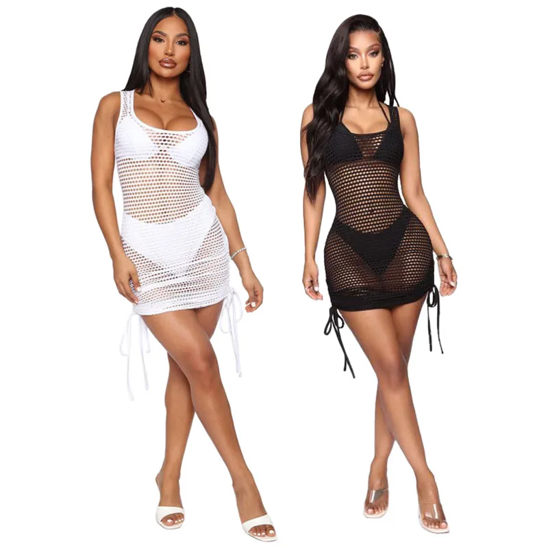 

Sexy hollow beach skirt female V-neck sleeveless crochet swimsuit covering Vestidos female swimsuit