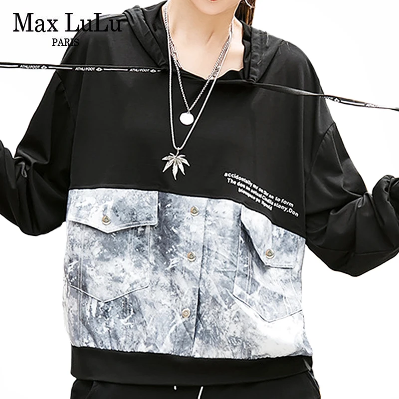 

Женская футболка с капюшоном Max LuLu, черная Свободная Повседневная футболка с длинным рукавом и пуговицами, в британском стиле Харадзюку, 2021