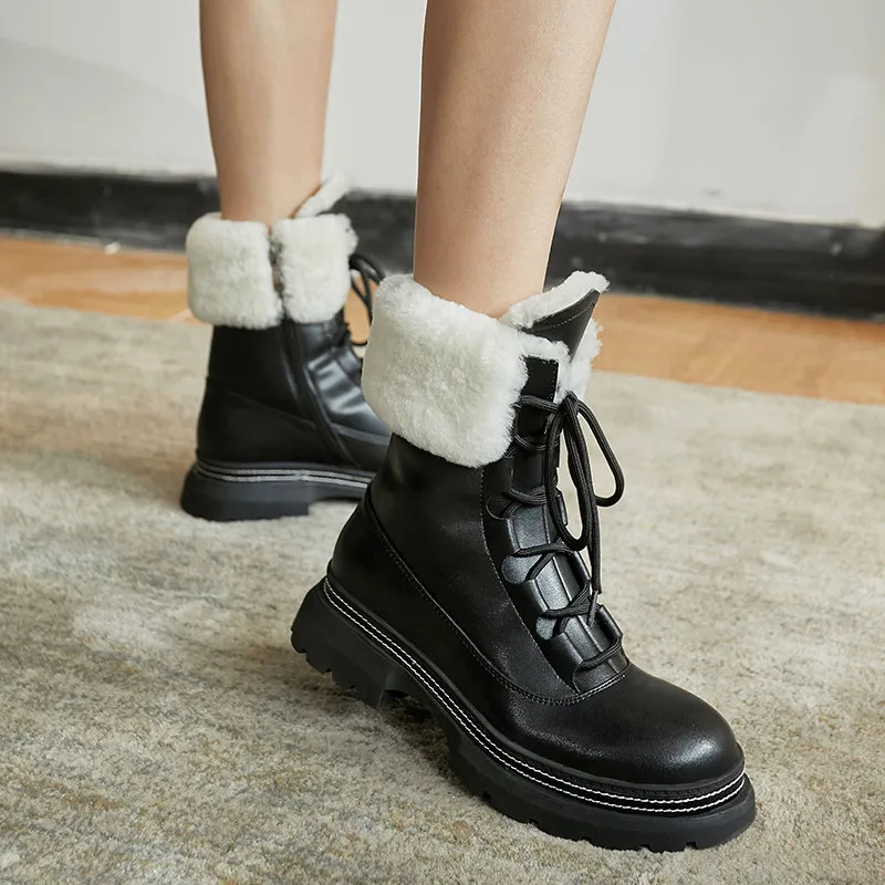 

Asumer 2020 hot sale casual flat shoes women genuine leather ankle boots lace up comfortable warm winter snow boots woman