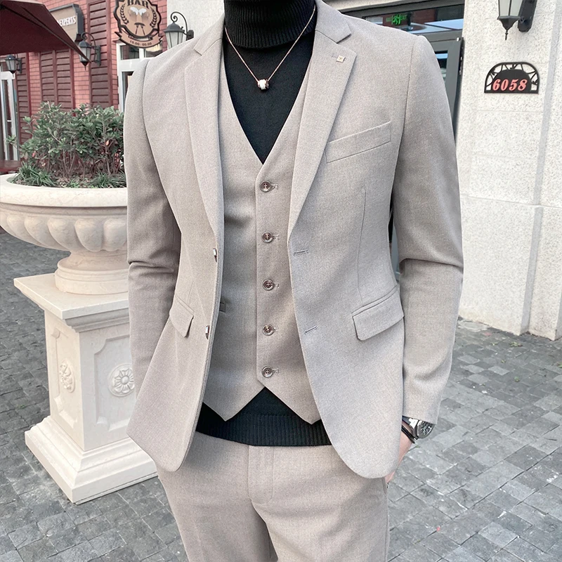 

( Jacket + Vest + Pants ) High-end Brand Luxury Dark Lattice Business Men's Slim Suit Groom Wedding Dress Tuxedo Banquet Clubmen