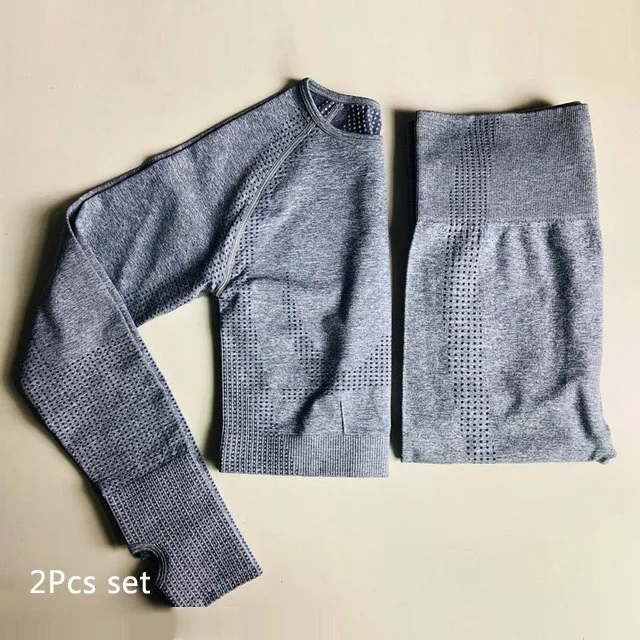 Light blue 2pcs set Женский Vital бесшовный комплект для йоги, одежда для фитнеса, спортивная одежда, женские леггинсы для спортзала, леггинсы с пуш-ап, укороченные рубашки, спортивные костюмы - Цвет: Light blue 2pcs set