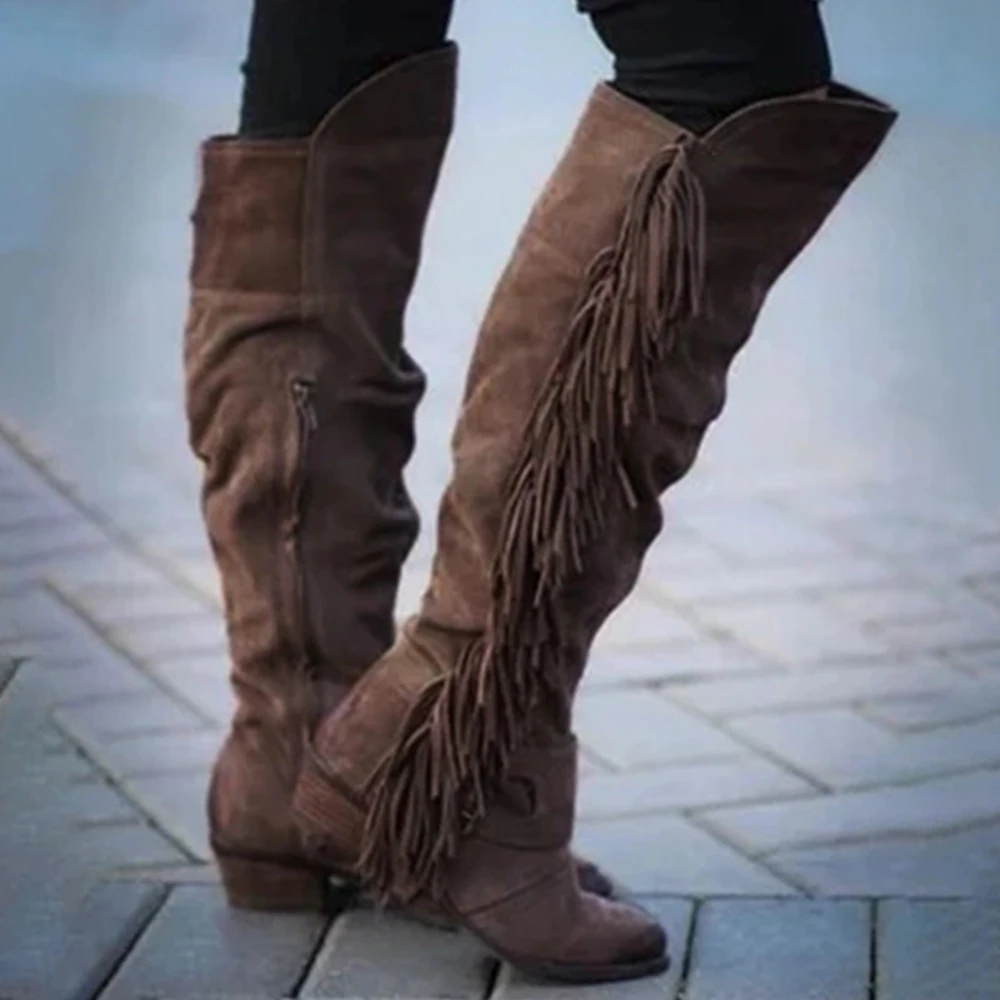 Женские высокие сапоги до колена с бахромой на низком каблуке круглым носком