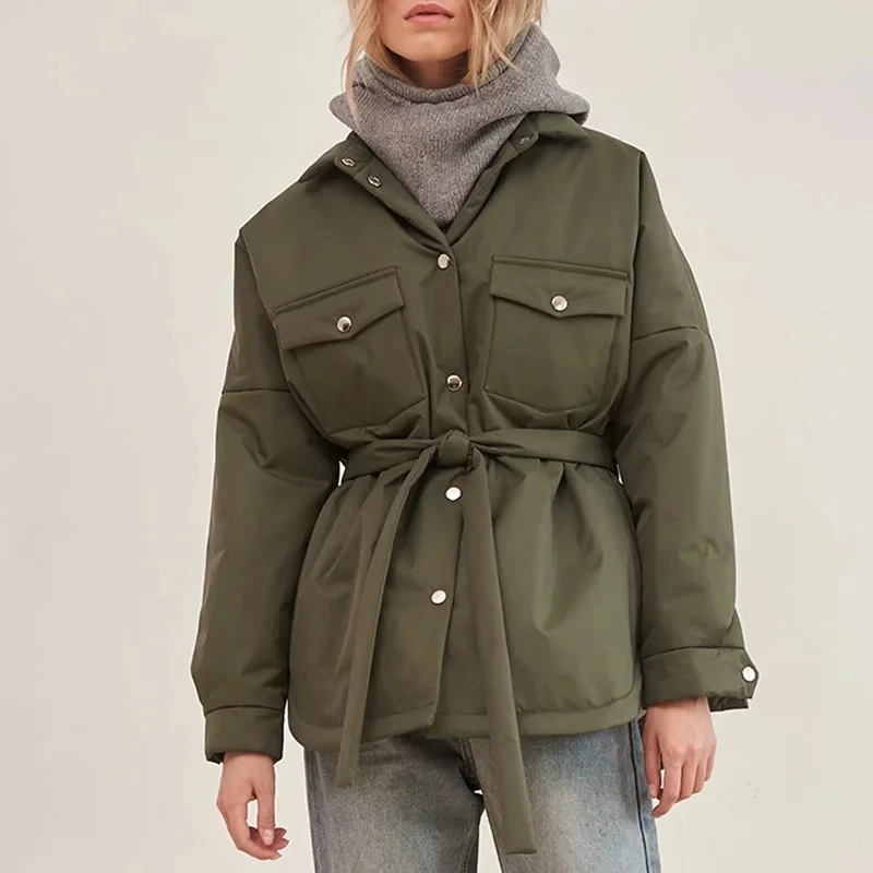 Za Women's Autumn Jacket With Belt Pocket Thin Parkas Khaki Female Winter Shirt Parka Coats Armygreen Oversized Winter Outwears