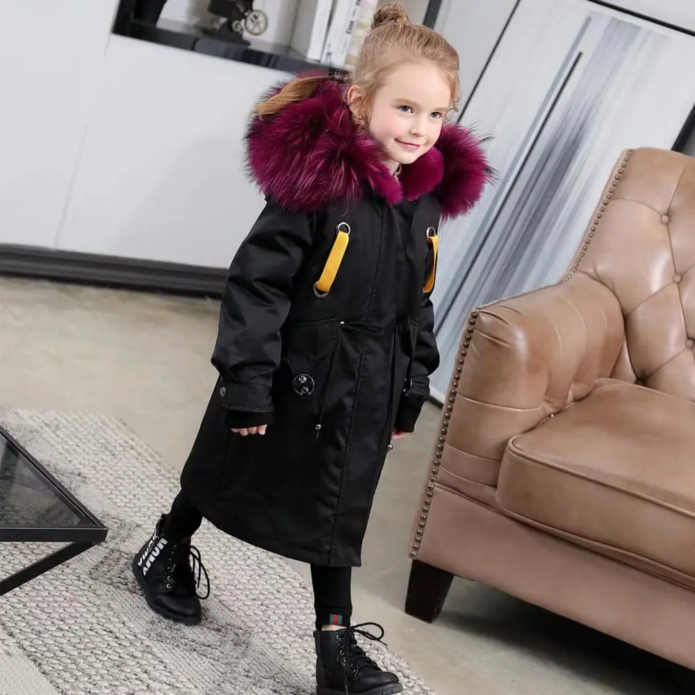Black Purple B Новинка года; зимние меховые куртки для мальчиков и девочек плотное длинное пальто с натуральным кроличьим мехом; детская верхняя одежда; теплая детская парка с рукавами; TZ343 - Цвет: Black Purple B