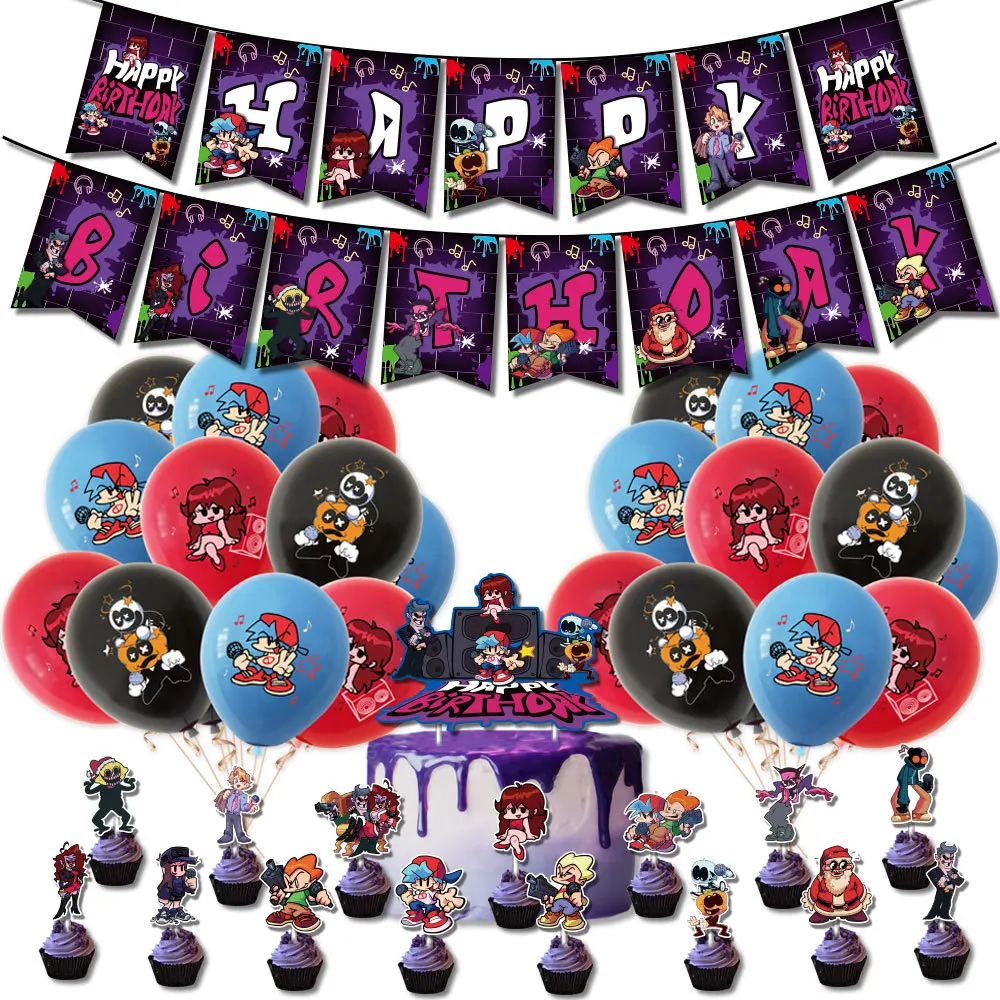 

Friday Night Funkin Theme Birthday Party Supplies Happy Birthday Banner Cake Topper Cupcake Toppers Balloons Swirls Home Decor
