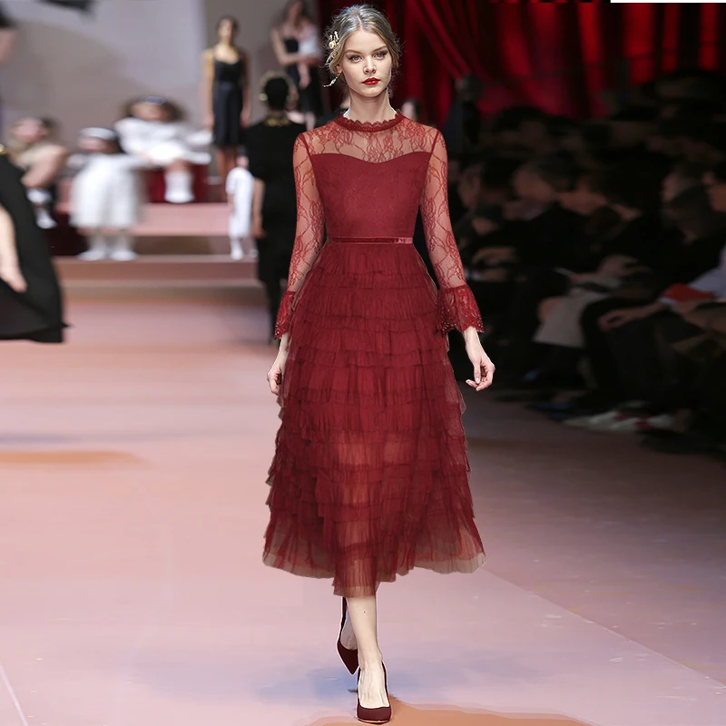 

2021 SPRING ROUND NECK SEE-THROUGH LACE TIERED DRESS