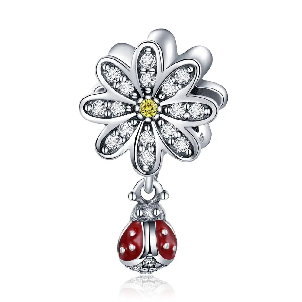 Trendy 925 Sterling Silver CZ Daisy Flower Ladybug Pendant Charms fit Bracelet Necklace DIY Accessories Jewelry Fashion SCC727 | Украшения