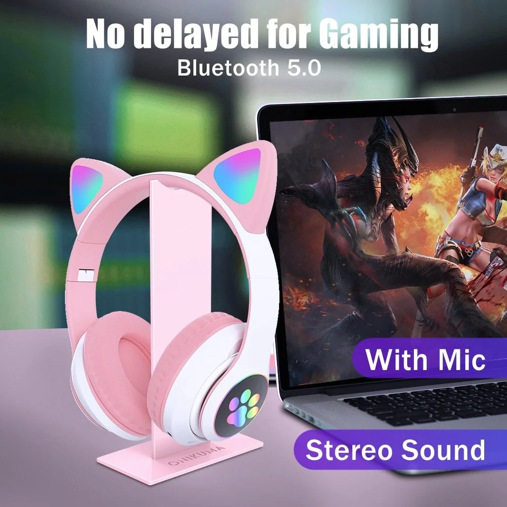 Cute Cat Ears Wireless Headphones With Flash Light Microphone LED Kids Girl Stereo Music Helmet Phone Bluetooth Headset Gift | Электроника