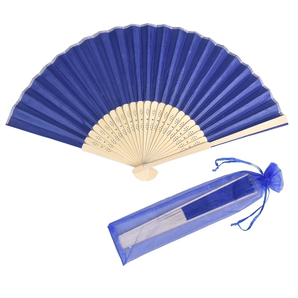Royal Blue With bag 50 шт Персонализированные Выгравированные складные Свадебные шелковые вееры на выбор, винтажные вееры из органзы, Подарочная сумка на заказ для вечеринок - Цвет: Royal Blue With bag