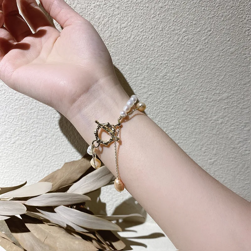Baroque Natural Freshwater Pearl Bracelet Toggle Clasps Double Layer Bracelets Fashion Elegant Jewelry For Women Wedding Gifts |