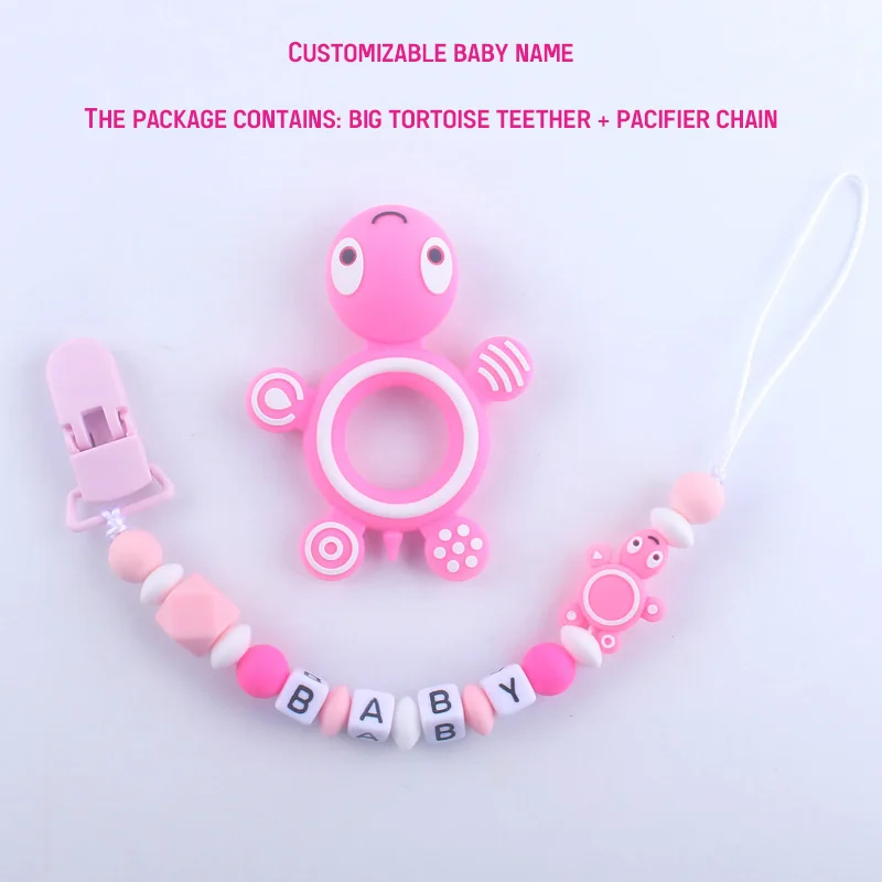 

Customizable Name Hand Made Silicone Tortoise Letter Children Baby Pacifier Leashes Chain Toy for Infant Rope Bite Teether Gift