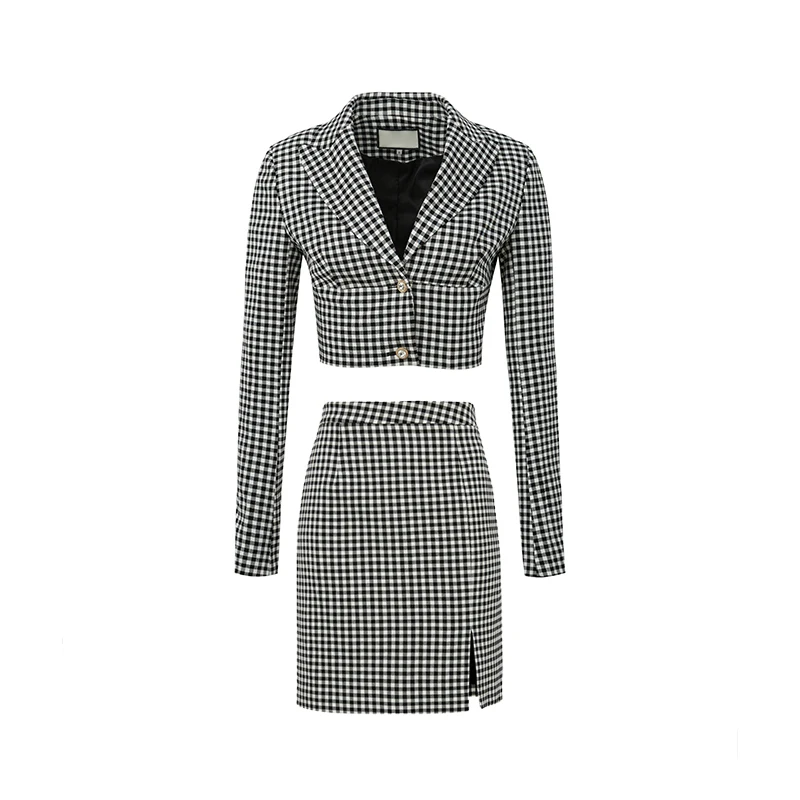 

TWOTWINSTYLE Plaid Elegant Two Piece Set For Women Notched Long Sleeve Short Blazer High Waist A Line Skirts Female Slim Sets