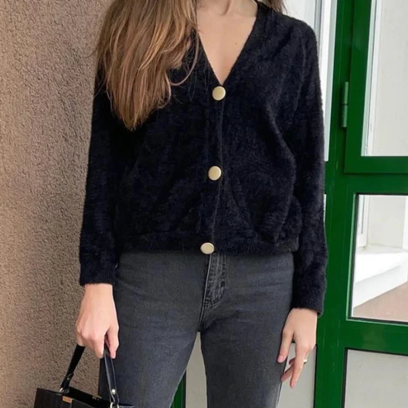 Винтажный свитер с V-образным вырезом и рядом пуговиц для женщин мягкая ткань