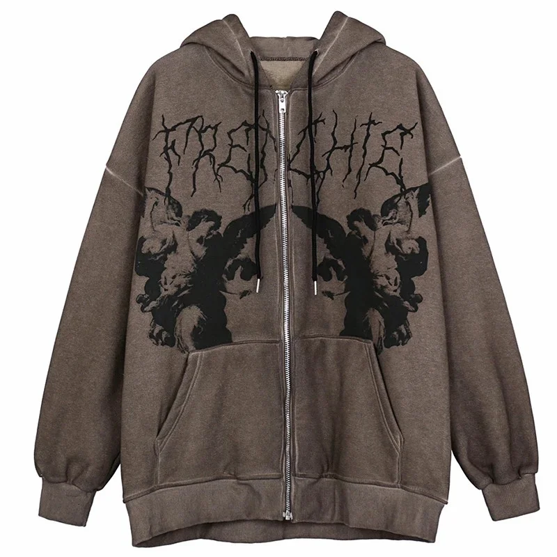 

New Dark Jacket Coat Print Angel Fairy Womens Hoodies Hip-hop Streetwear Harajuku Anime Women Coat Zipper Y2k Women Clothing
