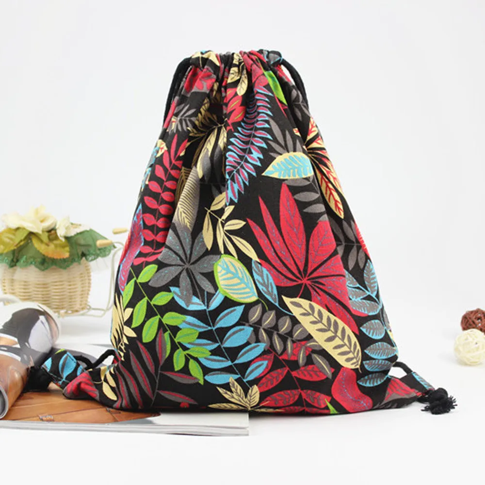 Fashion Women Drawstring backpack Storage Bag Leaf Printing High Capacity Bucket sports bag pocket pouch Shoulder Bag Canvas new