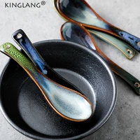 kinglang 2pcs klin glazed soup spoons ceramic dinner rice spoon 5 colors kiln retro spoon eat drink soup