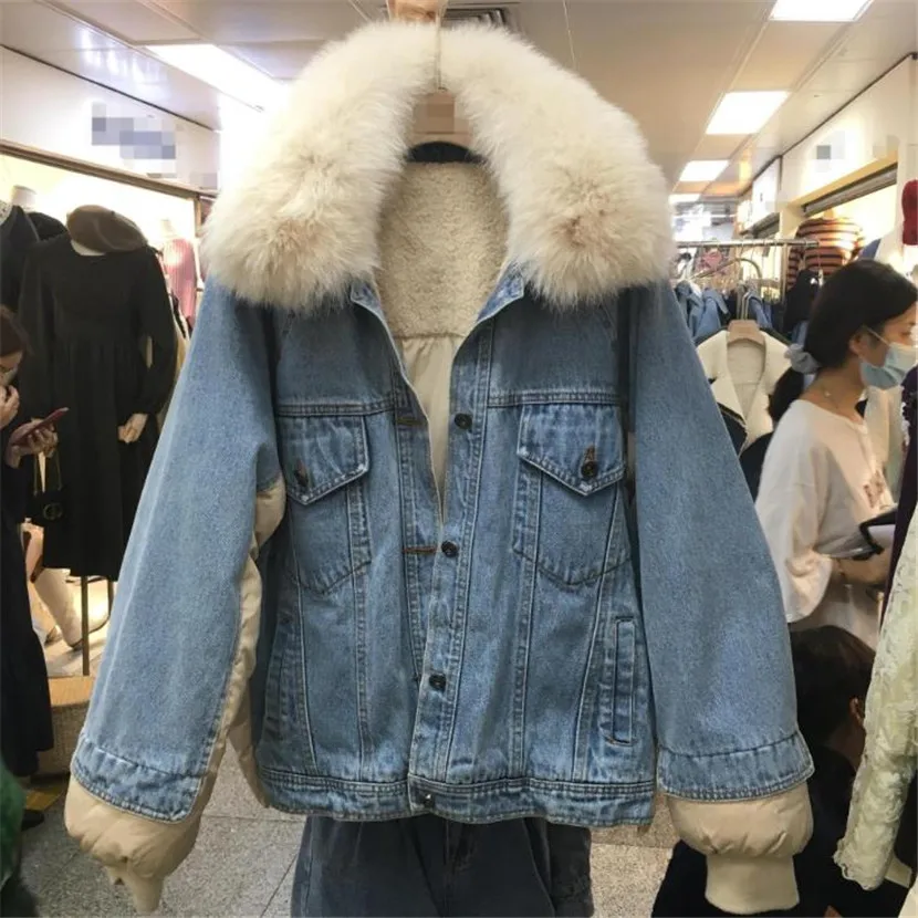 

2020 Winter New Denim Stitching Real Fox Fur Collar Cotton Coat Women Lapel Bat Sleeve Loose Lamb Wool Thick Padded Jacket