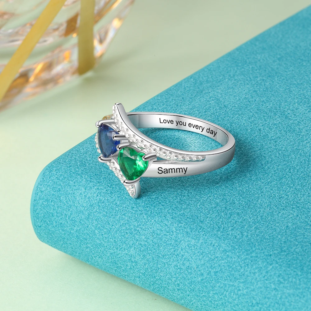 

JewelOra Personalized Name Engrave Custom Ring with Heart Birthstone Silver Color Wedding Engagement Mother Rings Gift for Women