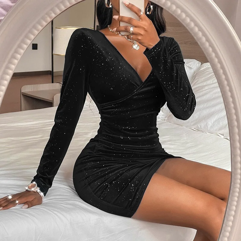 

Autumn Long Sleeve Shiny Velvet Dress Women Sexy Deep V Neck Wrap Party Dresses Ladies Spring Slim Draped Skinny Bodycon Dress