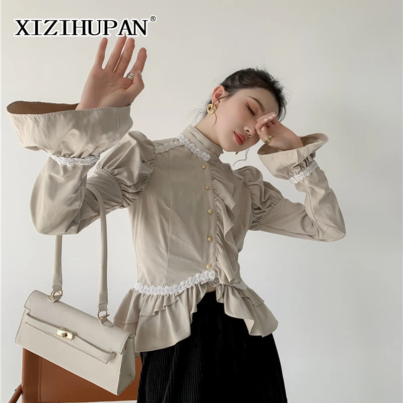 

XIZIHUPAN Solid Elegant T Shirt For Women Stand Collar Puff Long Sleeve Asymmetrical Casual Blouses Female 2021 Fashion Tide New