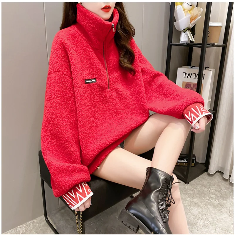 

Autumn Spring Women Hoodies Fashion Soild Color Long Sleeve Casual Zipper Female Stand Collar Pullovers Loose Plus Velvet Tops