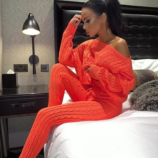 Autumn Sweater Two Piece Set Knitted Solid Street Long Sleeve And Pants Winter Sexy 2 Suit Women Outfits | Женская одежда