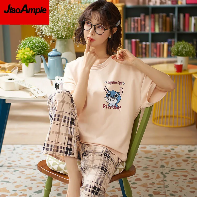 100% Cotton Pajamas Women's Summer Thin Short-sleeved Trousers Pijamas Two-piece 2021 New Printing Nihtwear Sleepwear Homewear