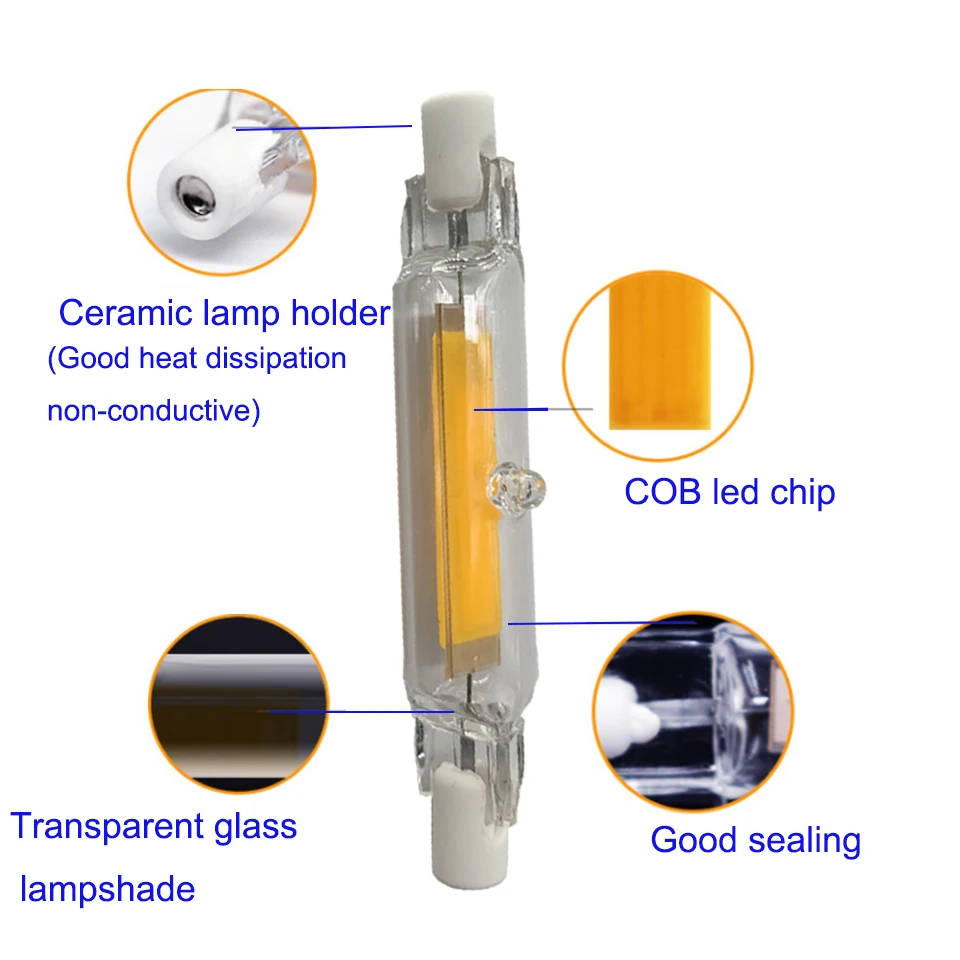 Светодиодный Диммируемый COB светильник R7S 118 мм 78 стеклянная трубка 15 Вт 30 сменный