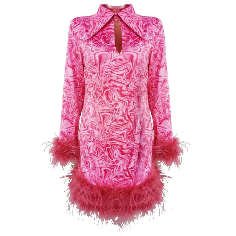 COLOREE Runway Designer Women Mini Dress Elegant Red/Green Ostrich feather Patchwork Dress Vintage Long Sleeve Autumn Dress
