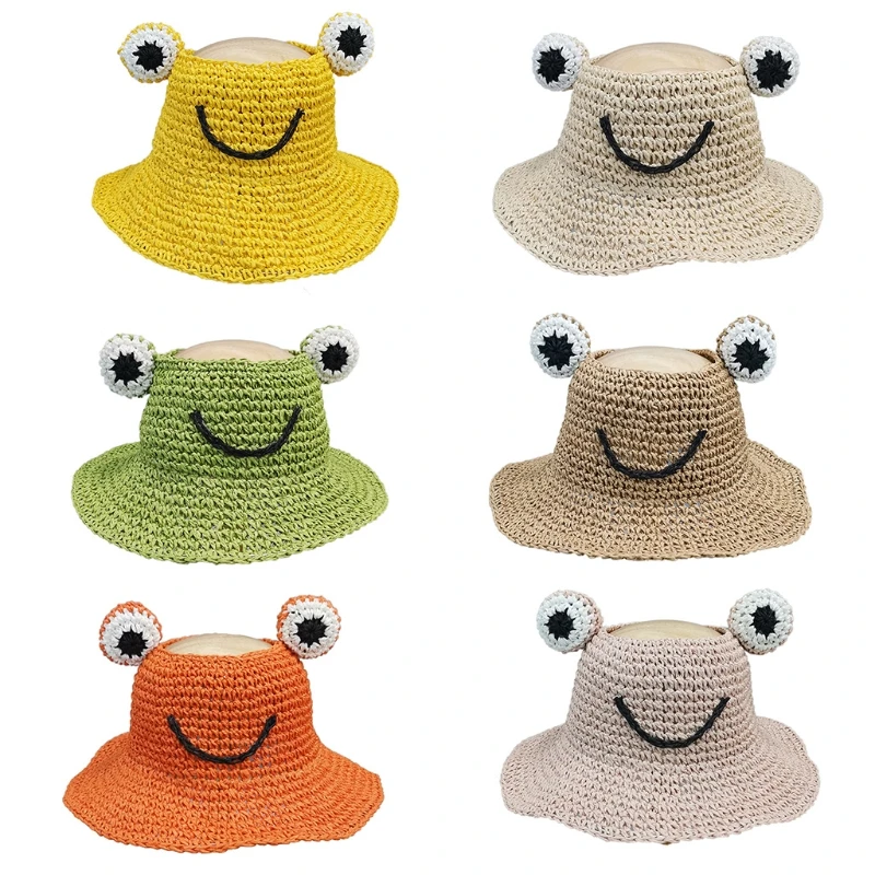

Children Straw Hat with Frog Decor Empty Top Sun Summer Beach Headwear